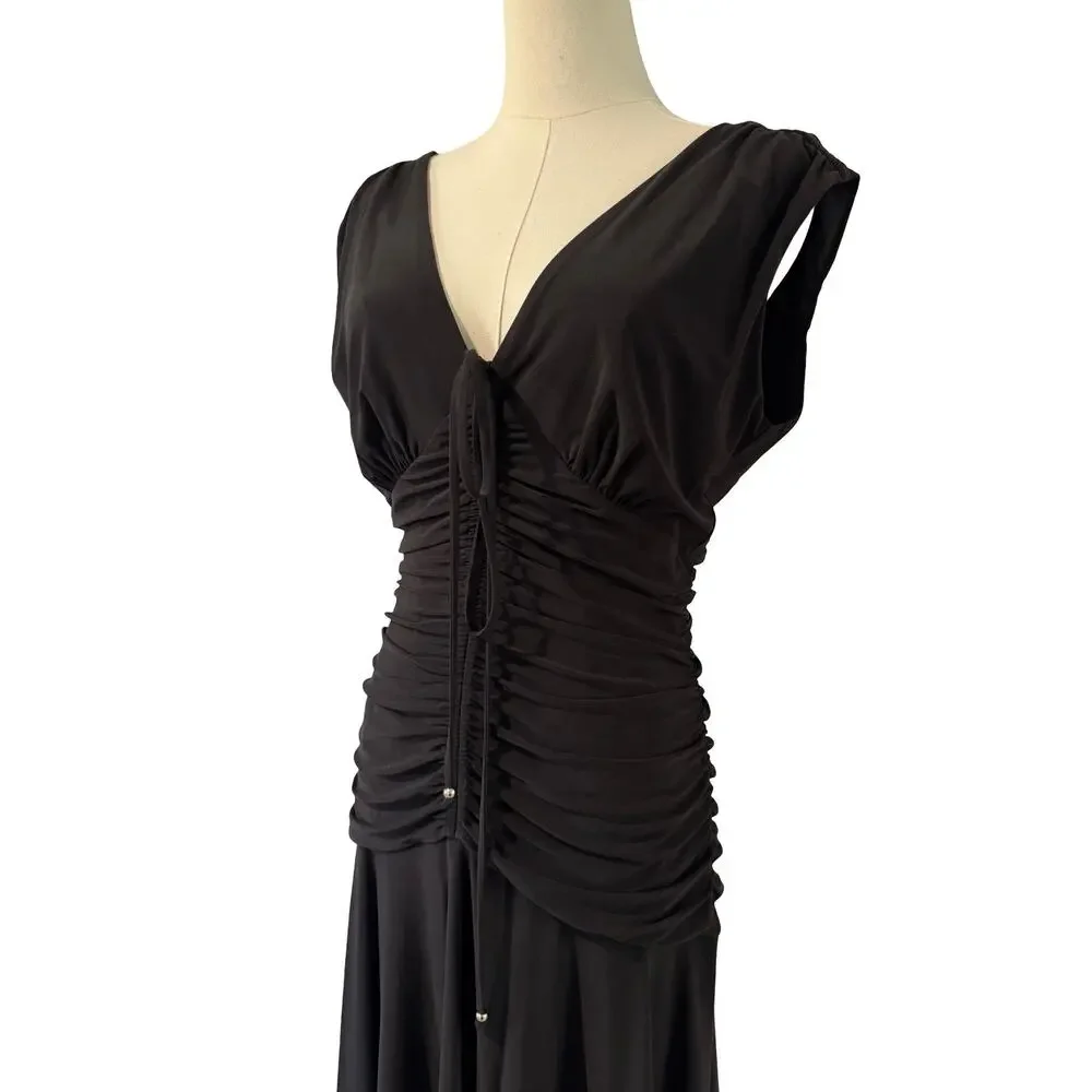 WHBM Black Ruched Midi Dress Size 6 Drop Waist V Neck Fit Flare Dress